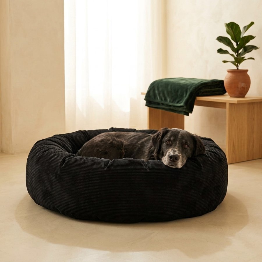 Calming Comfort Bed for dogs shown at an angle, with its raised faux-fur rim for head and neck support
