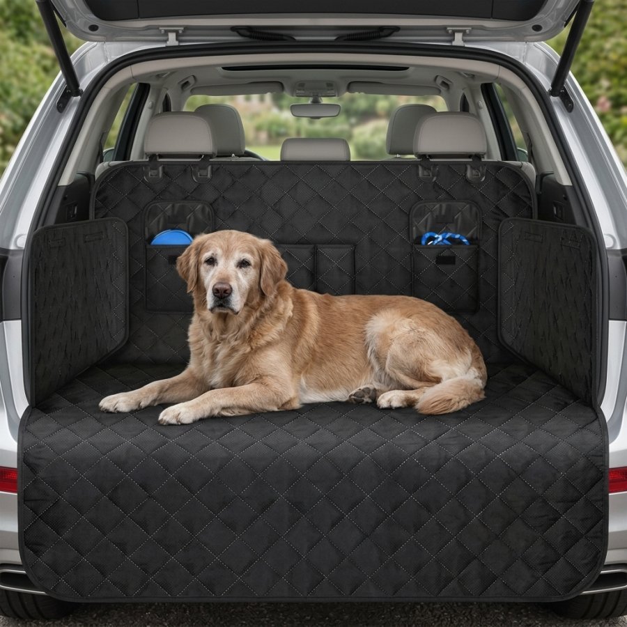 Car Boot Liner & Seat Protector fitted in an SUV boot with a dog lying on it