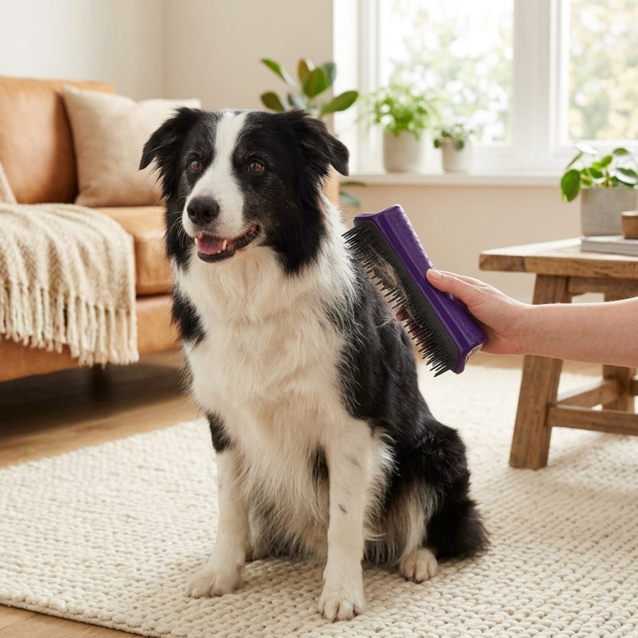 Gentle De-Shedding Brush being used on a dog's coat, rounded skin-safe pins visible