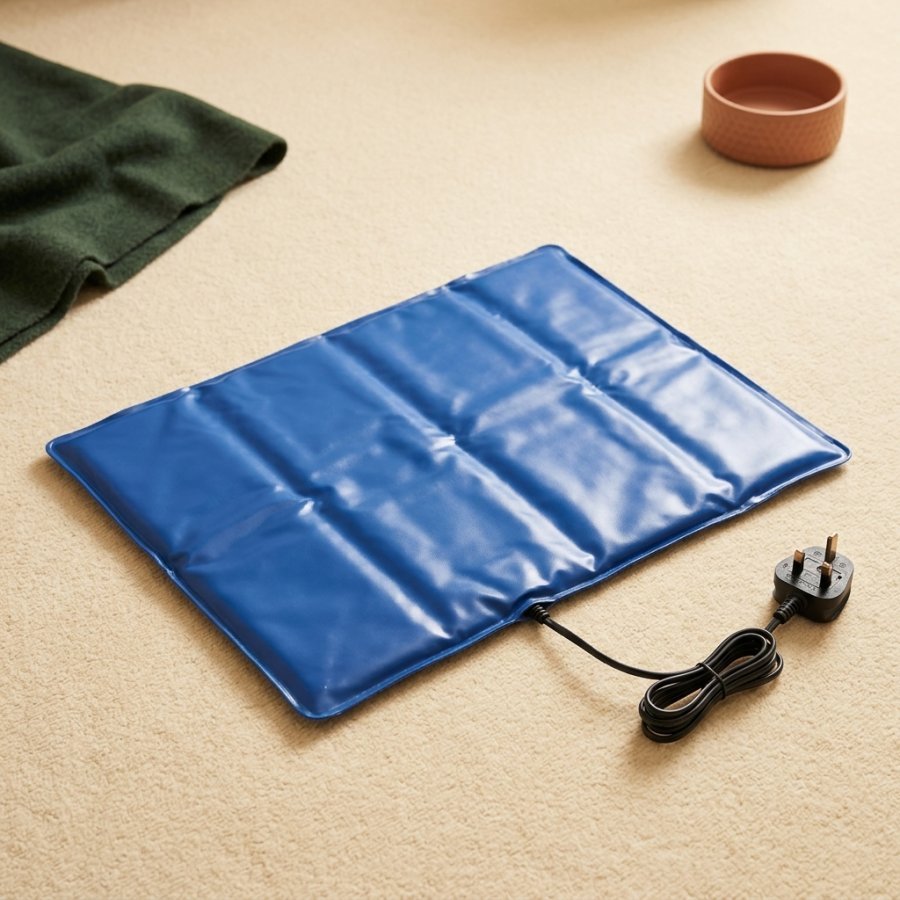 Heated Comfort Pad laid flat showing the low-voltage cable and UK plug