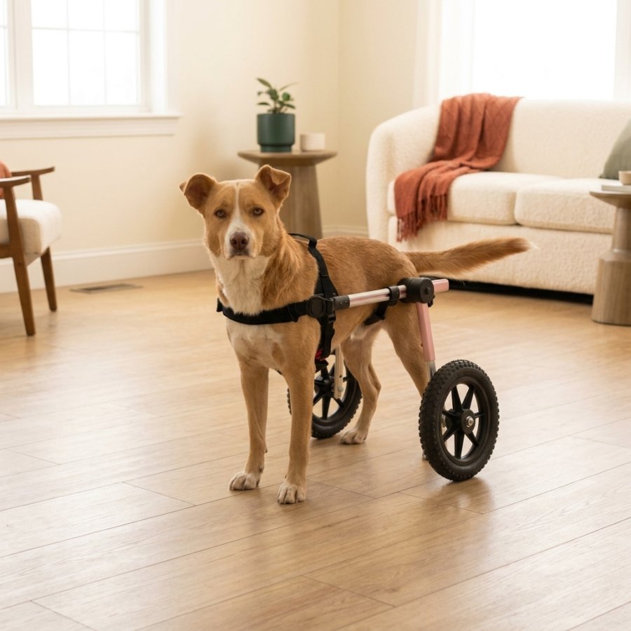 Dog using a made-to-measure mobility cart at home, built to the dog's own measurements