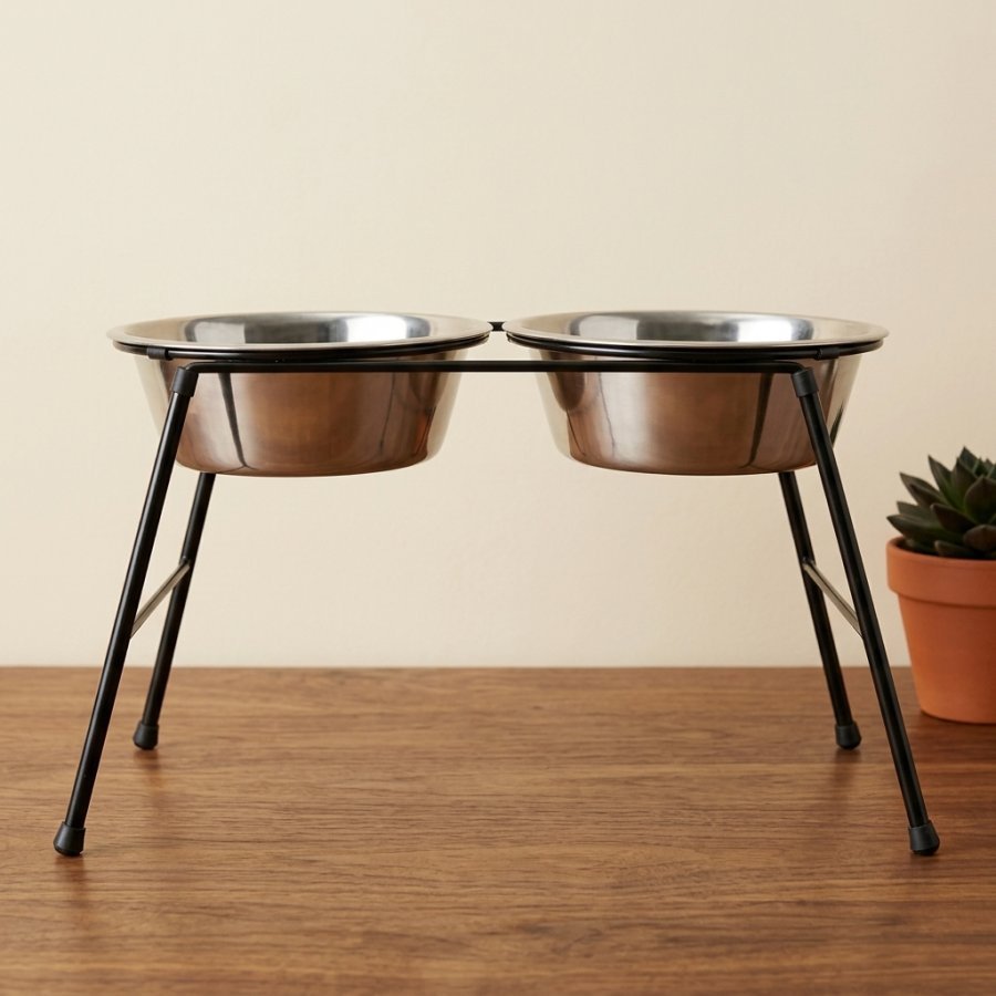 Raised Feeding Stand with two stainless steel bowls on a clean background