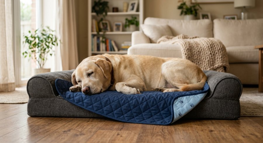 Washable Incontinence Pad protecting a dog bed while a senior dog sleeps