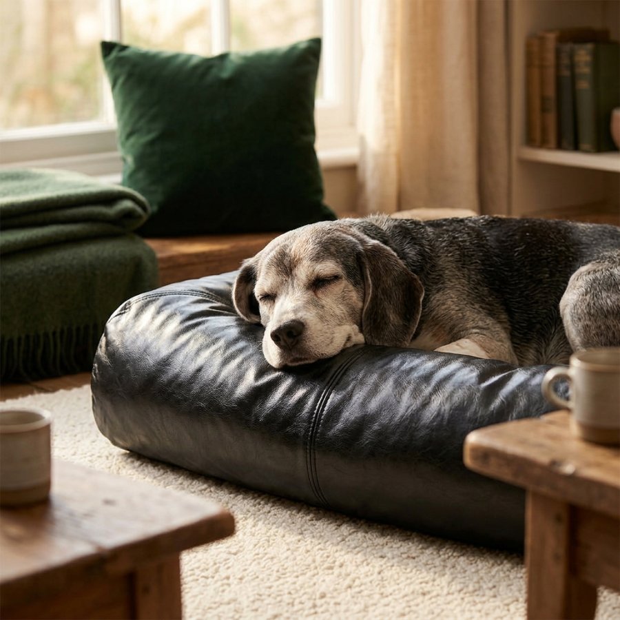Senior dog resting comfortably in a Waterproof Orthopedic Bolster Bed
